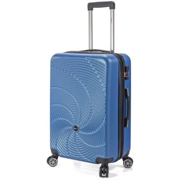 MAleta de cabina azul con asa y cuatro ruedas