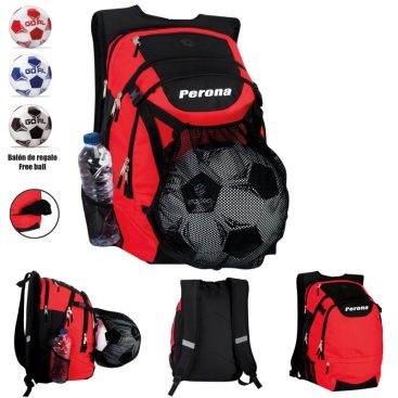 Mochila con soporte de pelota y pelota, poliéster rojo y negro, compartimentos múltiples, correas acolchadas espalda.