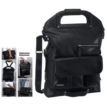 Mochila multiposicional para computadora portátil/tableta con adaptador, hecho de cuero  con varios compartimentos y bolsillos.