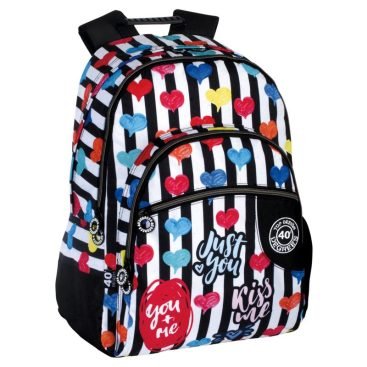 Mochila doble con adaptador oculto, correas acolchadas y espalda, correas reflectantes, múltiples compartimentos y bolsillos.