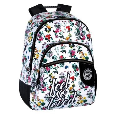 Mochila doble con adaptador oculto, correas acolchadas y espalda, correas reflectantes, múltiples compartimentos y bolsillos.