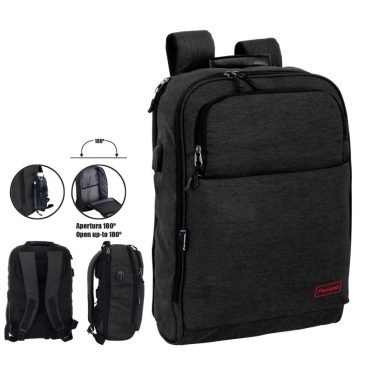 Mochila negra con múltiples compartimentos para computadora portátil/tableta y otros artículos.