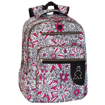 Mochila portátil doble con adaptador oculto, compartimento de laptop acolchado, múltiples bolsillos y correas ajustables.