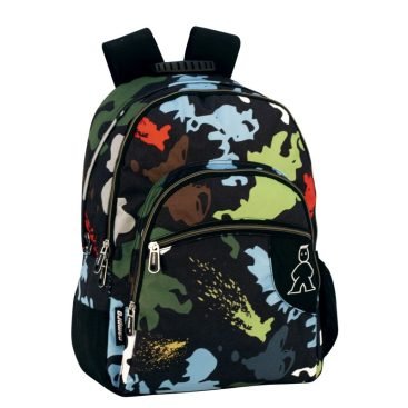 Mochila doble con adaptador oculto, correas acolchadas y espalda, correas reflectantes y compartimentos múltiples.