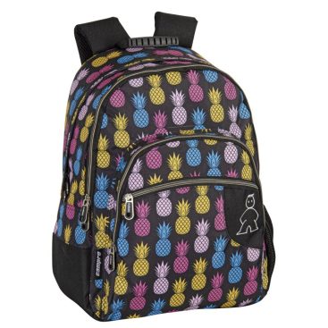 Mochila doble con adaptador oculto, correas acolchadas y espalda, correas reflectantes, múltiples compartimentos y cremalleras.