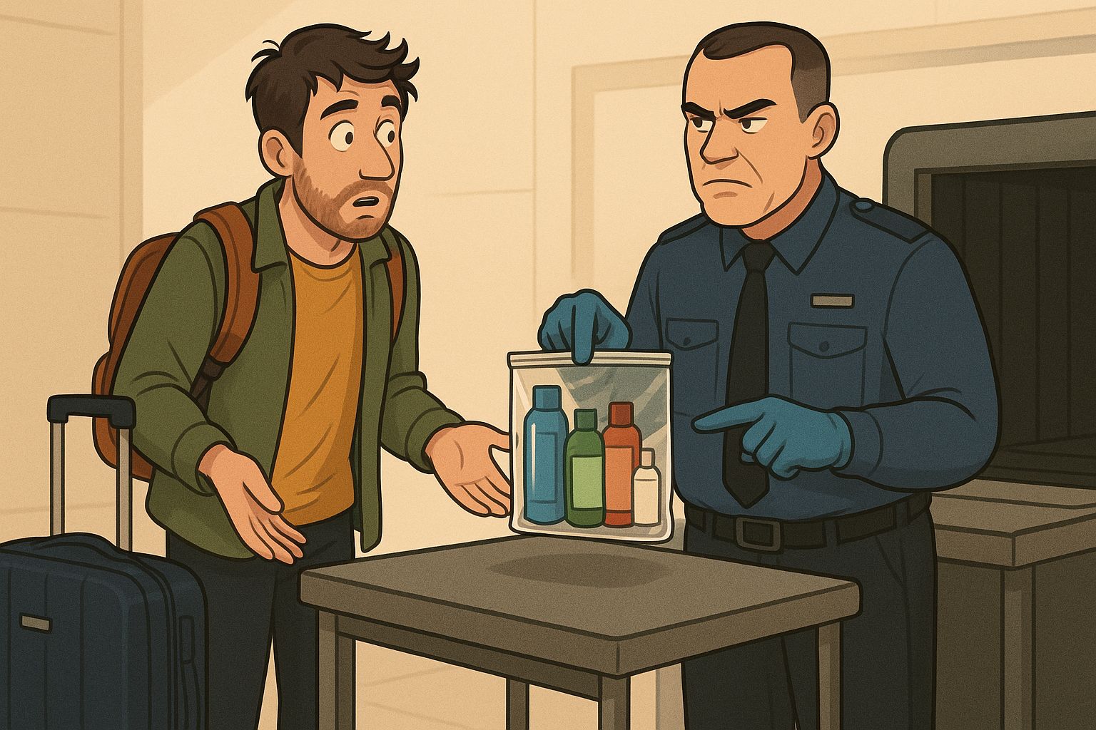 Santi Frontera con su maleta en el control de seguridad. El agente mira inquisitivamente la bolsa con los líquidos